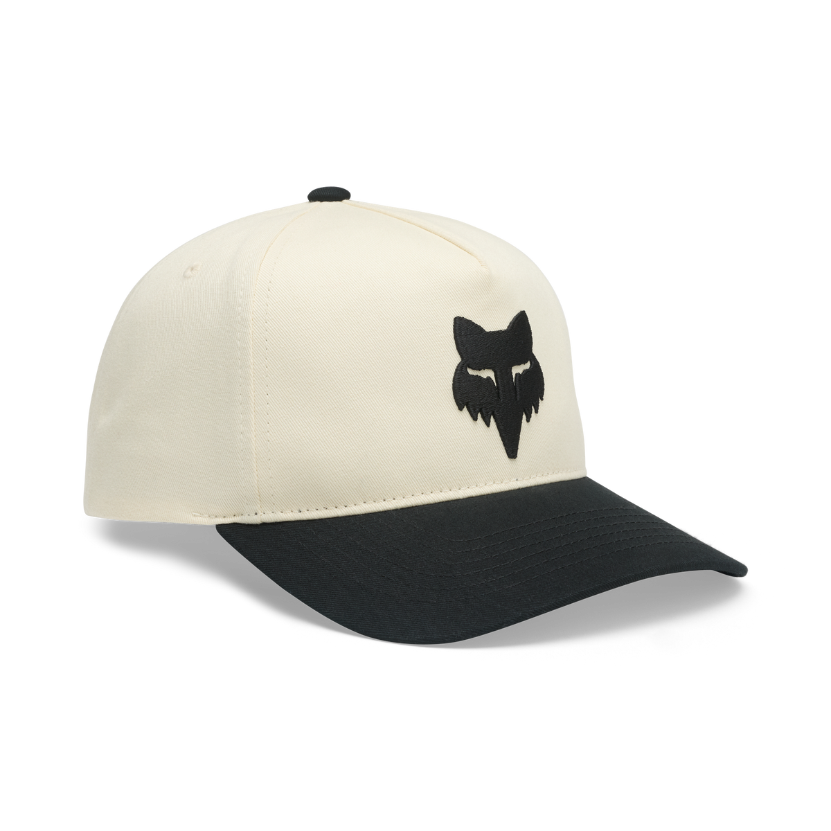 Fox Racing baseball cap with cream crown, black brim, and embroidered fox head logo