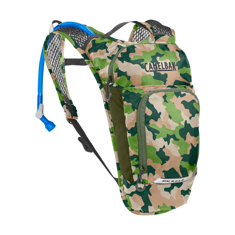 CamelBak Mini M.U.L.E. hydration backpack in camouflage pattern with blue drinking tube