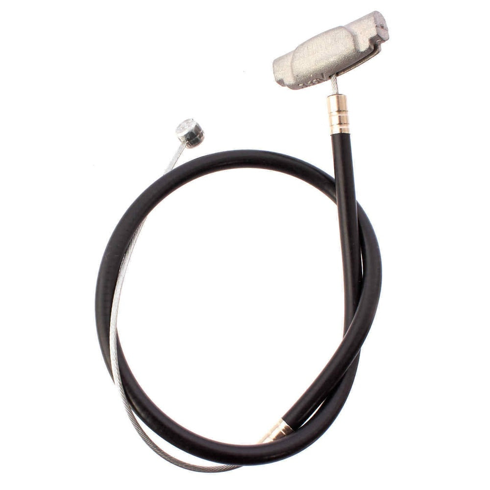 BMX rotor brake cable with black housing and silver metal barrel ends coiled