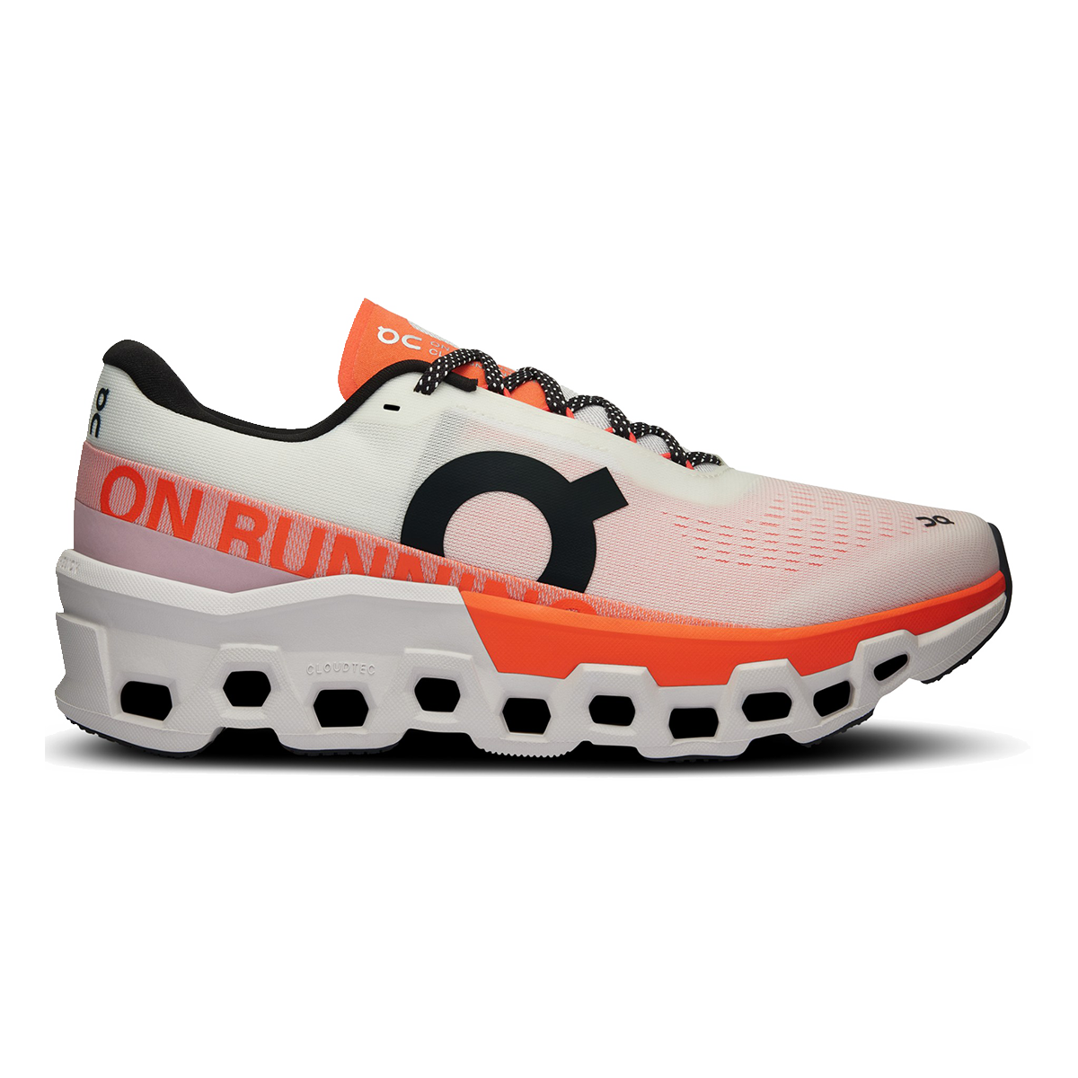 On Cloudmonster 2 women's running shoe in undyed white with flame orange accents