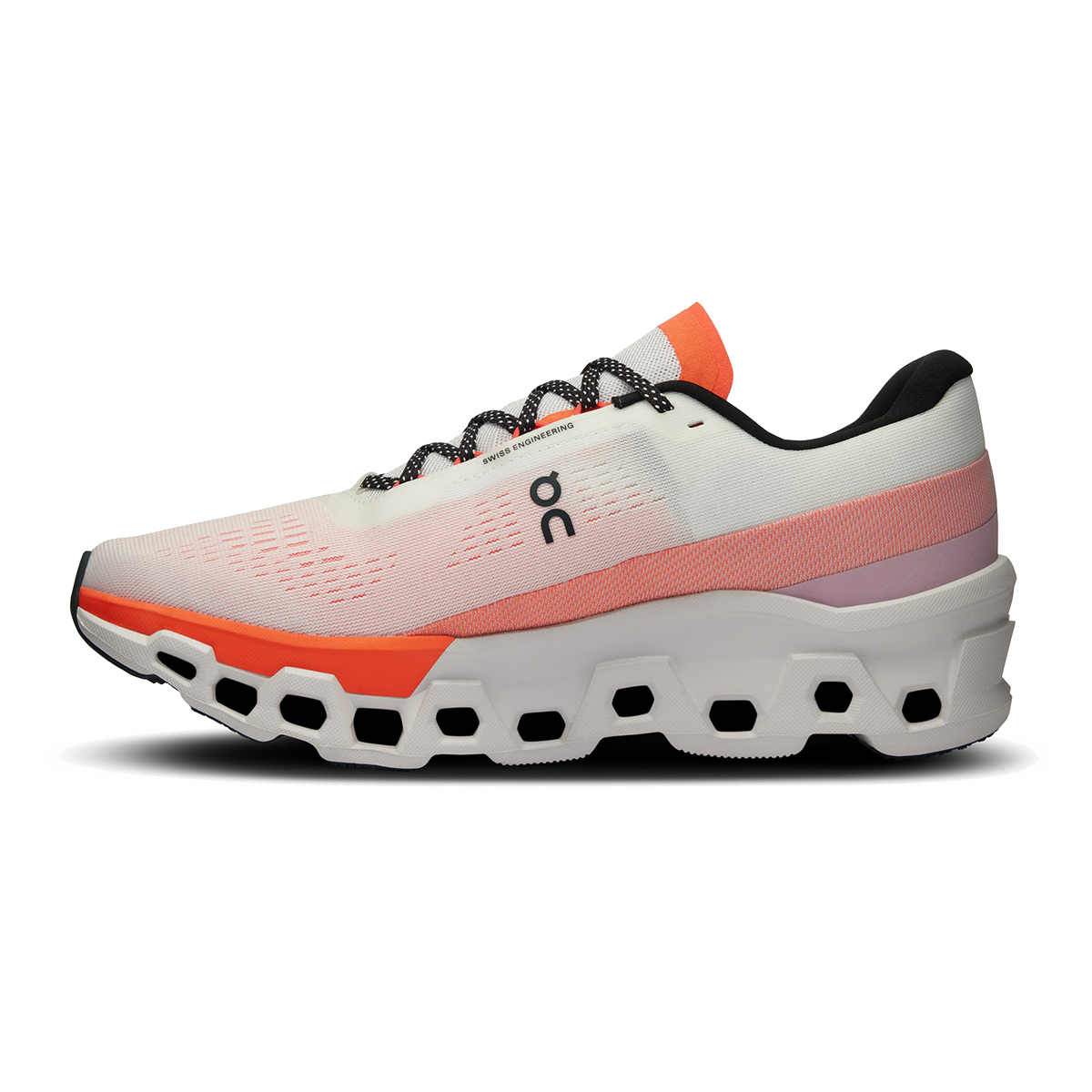 On Cloudmonster 2 women's running shoe in undyed white with flame orange accents