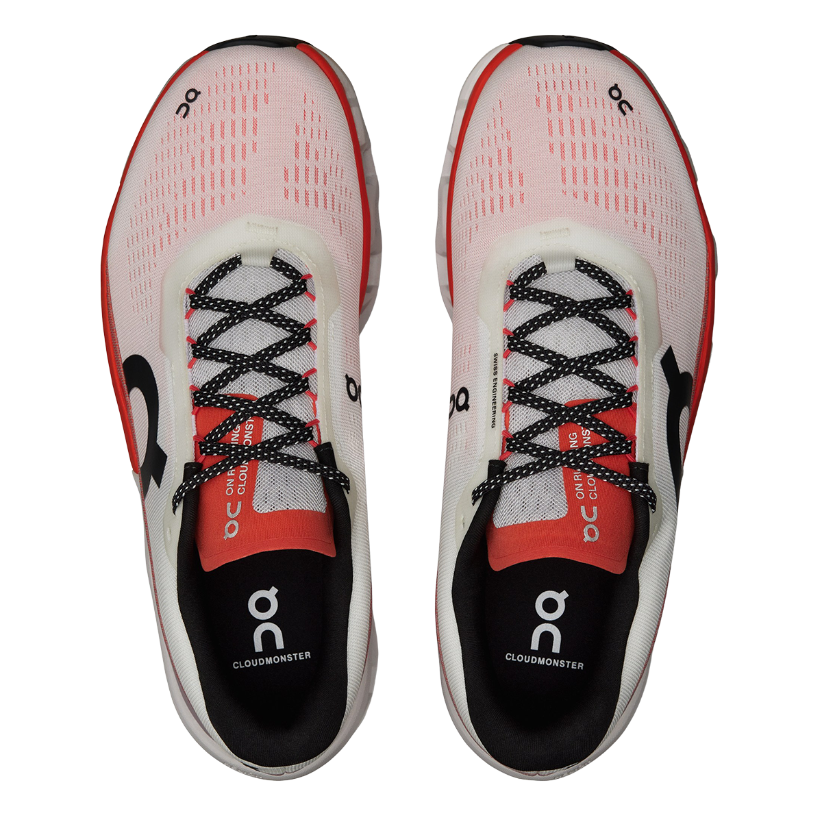 On Cloudmonster 2 running shoes in undyed white with flame red accents