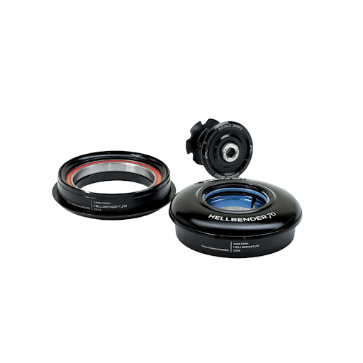 Cane Creek Hellbender 70 Lite black tapered headset components on white background
