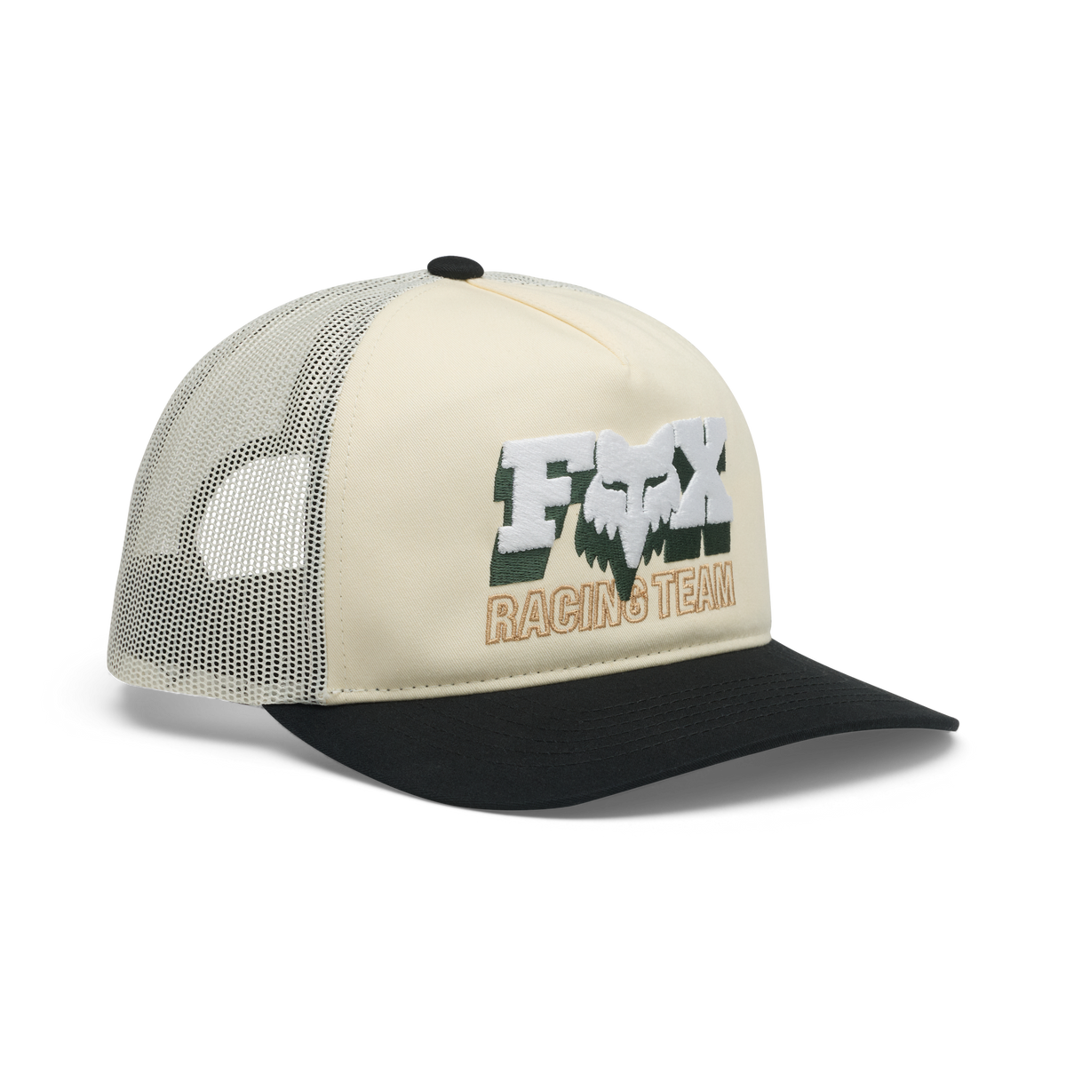 Fox Racing Team trucker hat in cream with black brim and embroidered logo