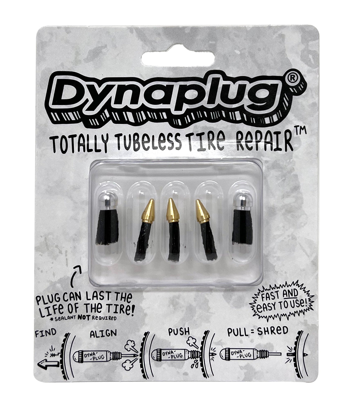 Dynaplug Totally Tubeless Tire Repair 5-pack with pointed tip plugs in retail packaging