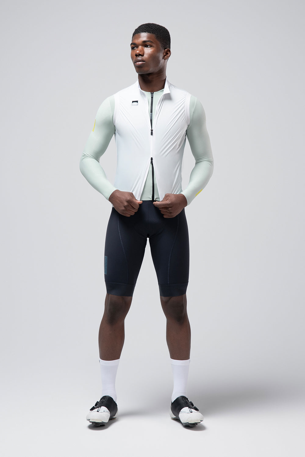 Gobik Vector 2.0 vest in Athena colorway with white body and light mint green sleeves