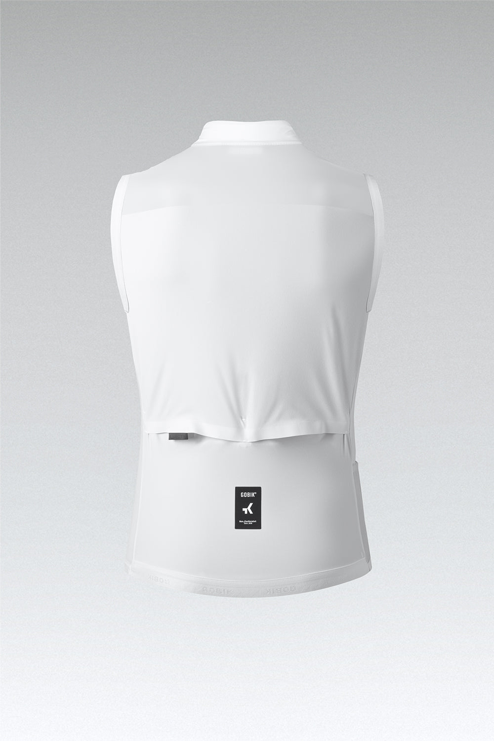 Gobik Vector 2.0 vest men's in white Athena colorway, back view showing brand label