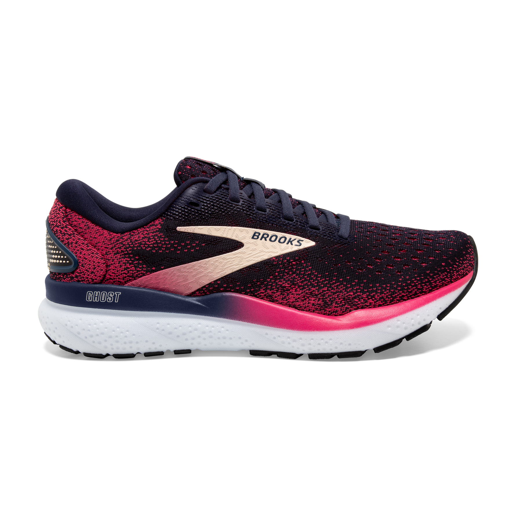 Brooks Ghost 16 women's running shoe in navy and raspberry colorway