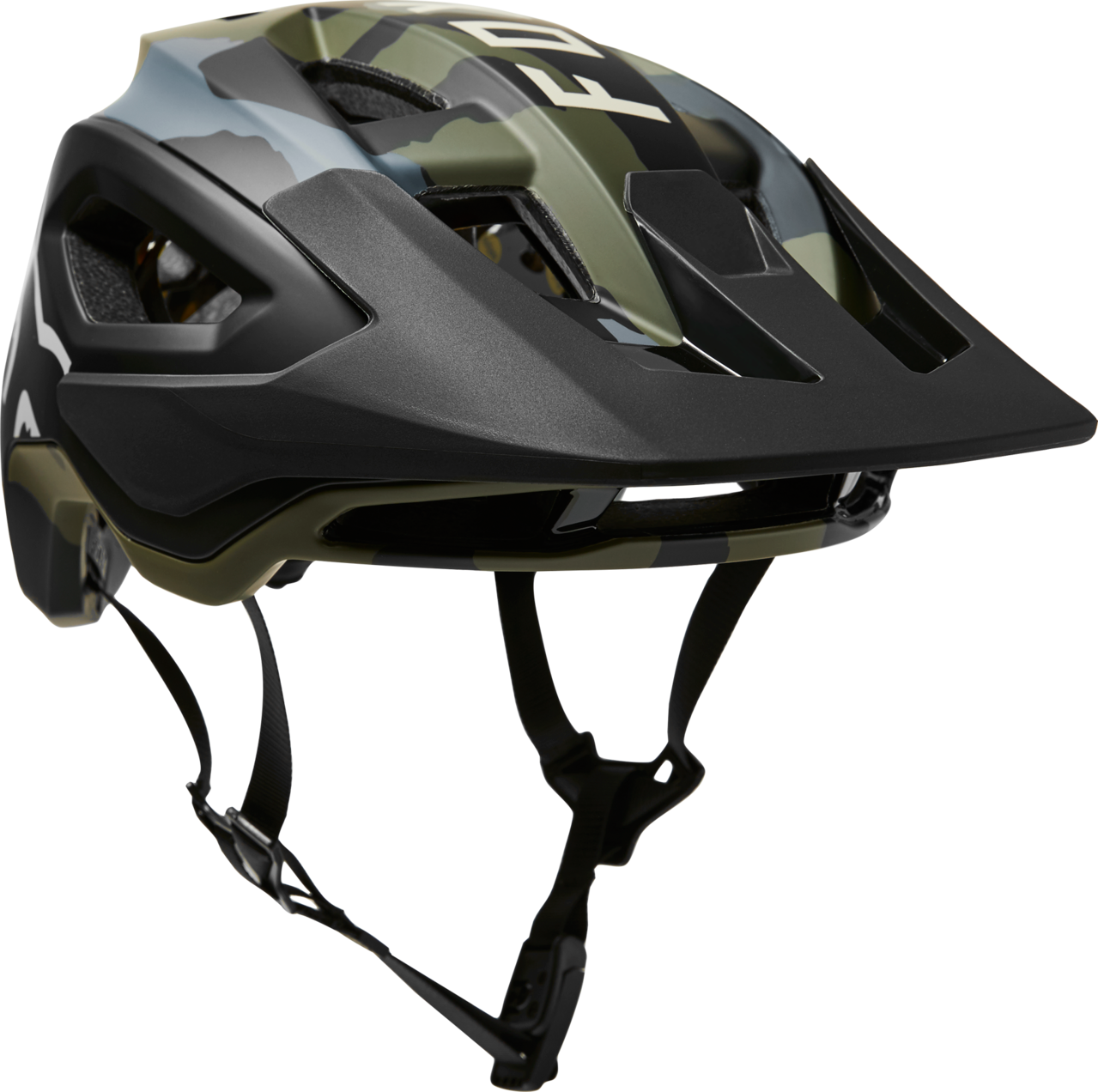 Fox Racing Speedframe Pro mountain bike helmet in olive green camouflage and matte black