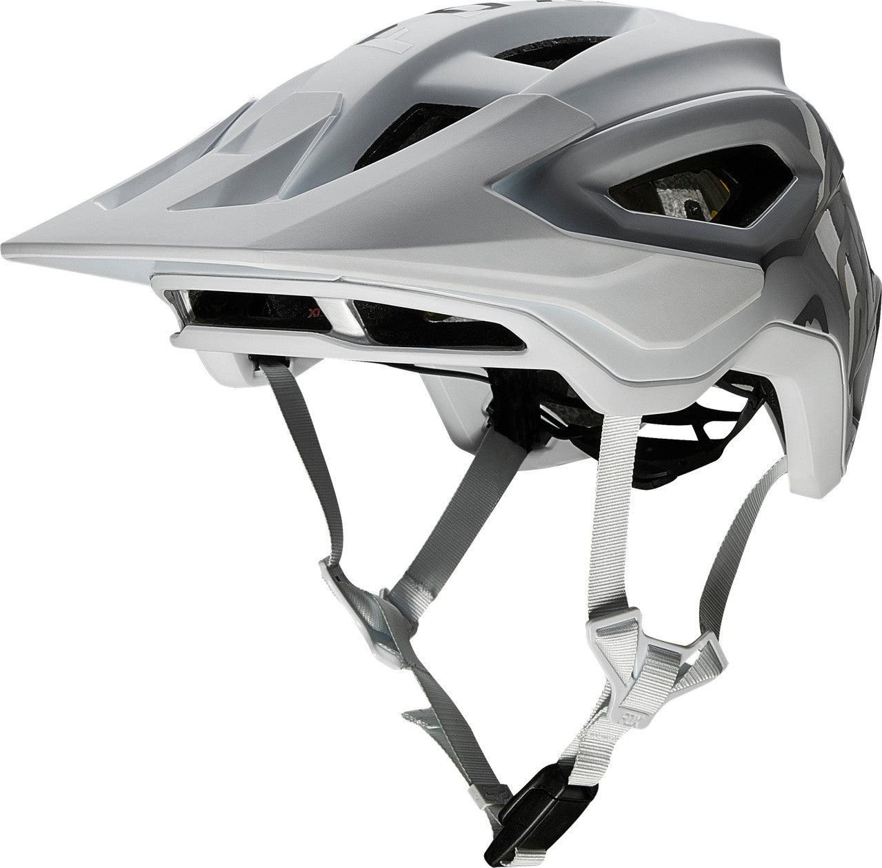 Fox Speedframe Pro mountain bike helmet in matte gray on white background