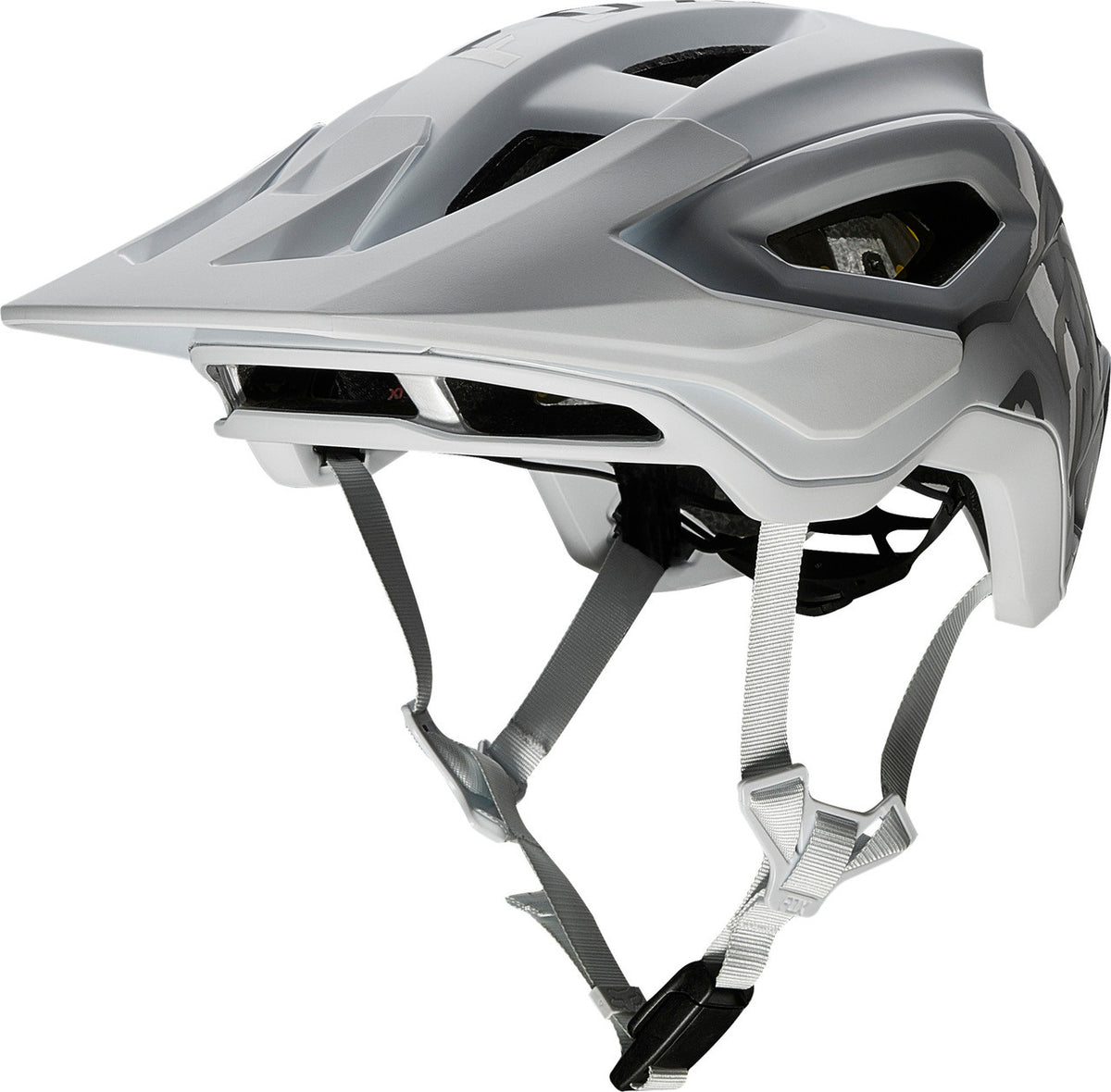 Fox Speedframe Pro mountain bike helmet in matte gray and white on white background