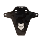 Fox Racing mudguard in black with dark camouflage pattern and white fox head logo
