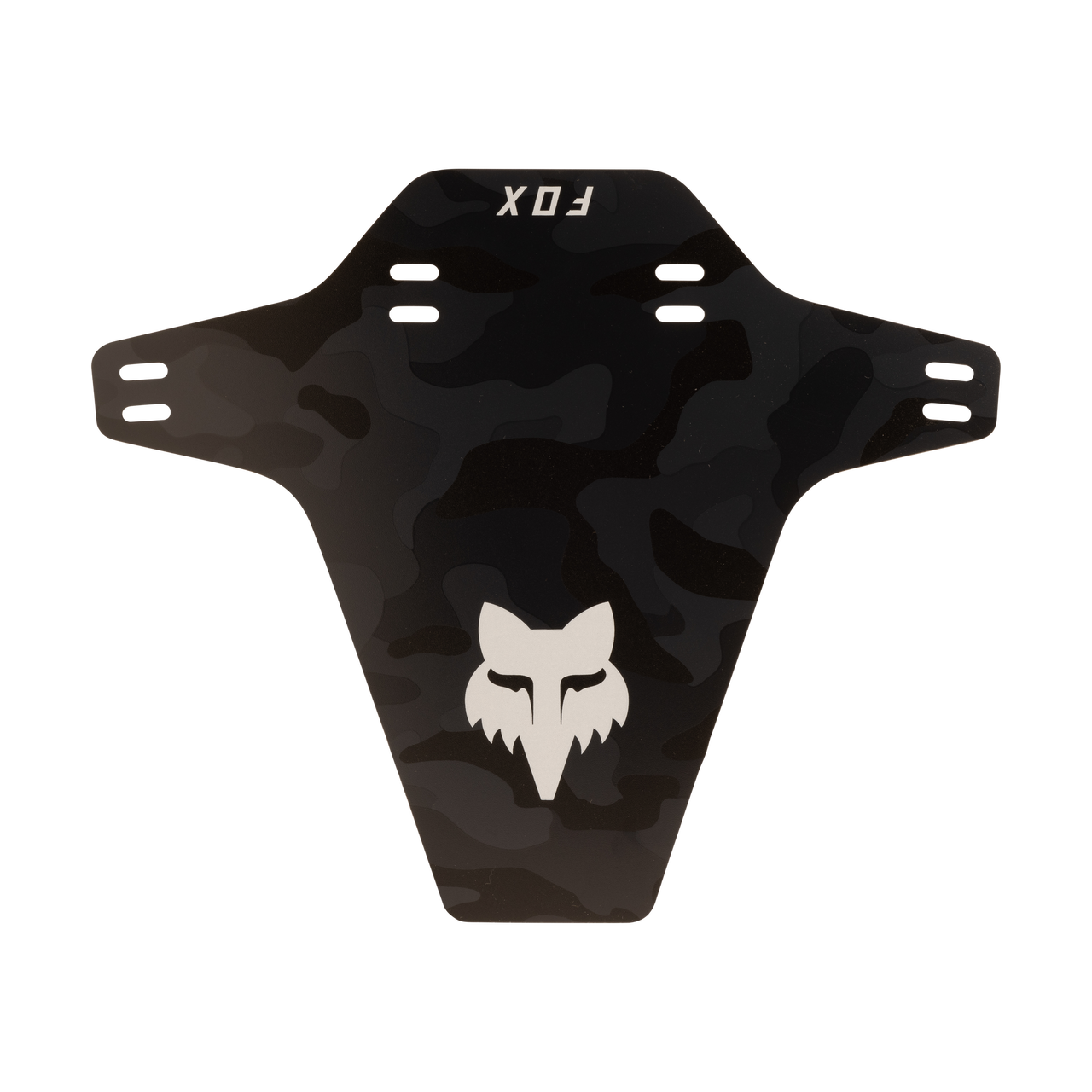 Fox Racing mudguard in black with dark camouflage pattern and white fox head logo