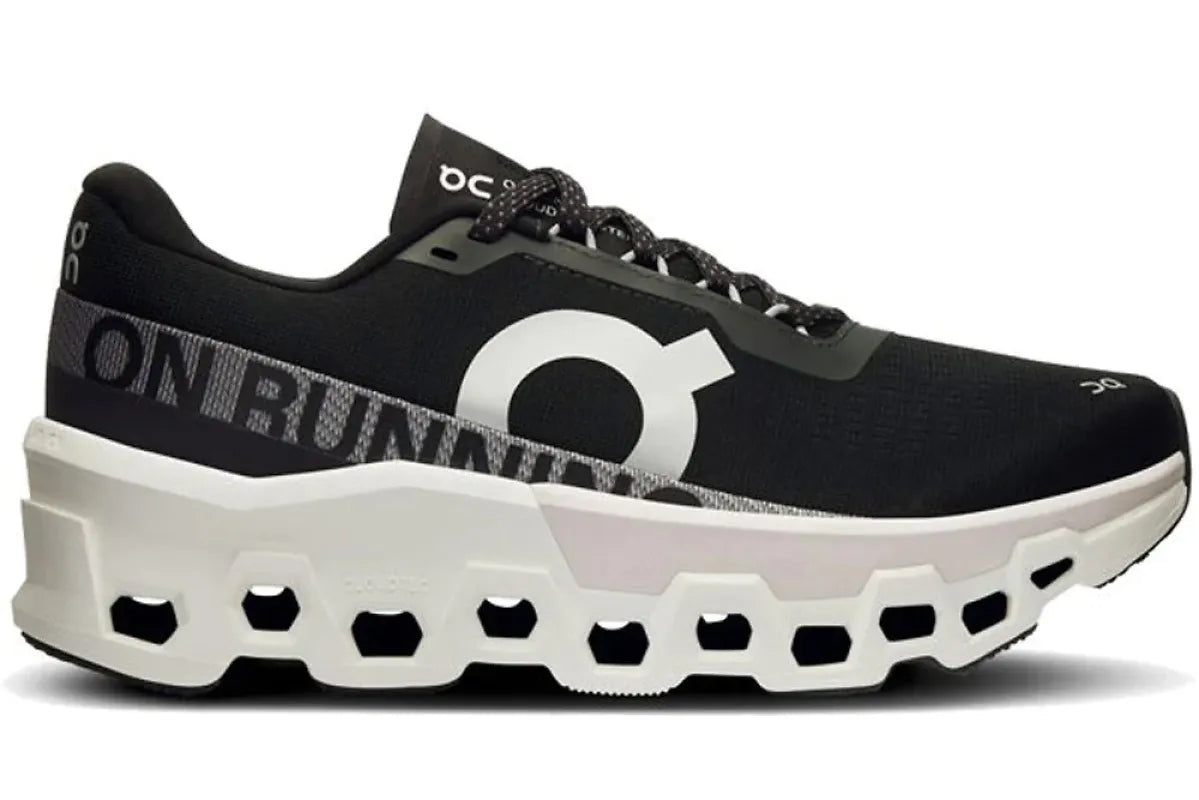 On Cloudmonster 2 running shoe in black with distinctive white cloud-pod sole