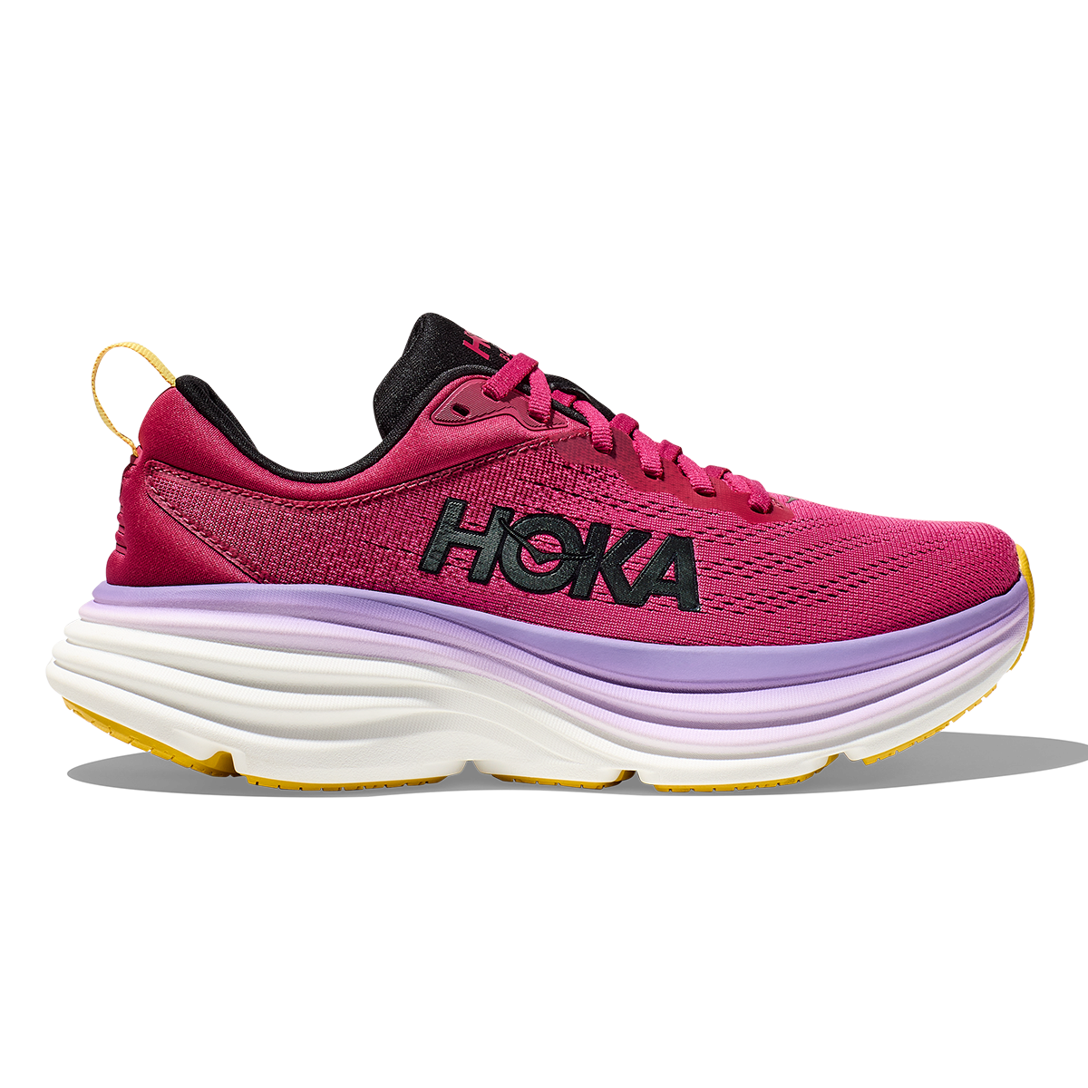 HOKA Bondi 8 women's running shoe in bright pink with purple gradient midsole