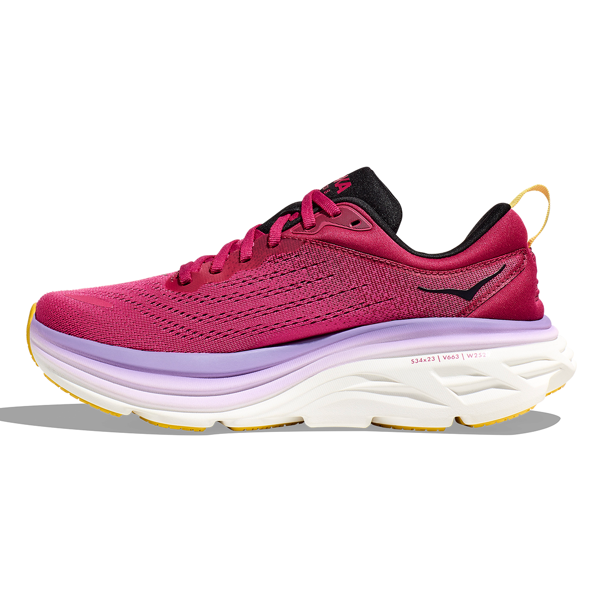 HOKA Bondi 8 women's running shoe in bright pink with purple midsole