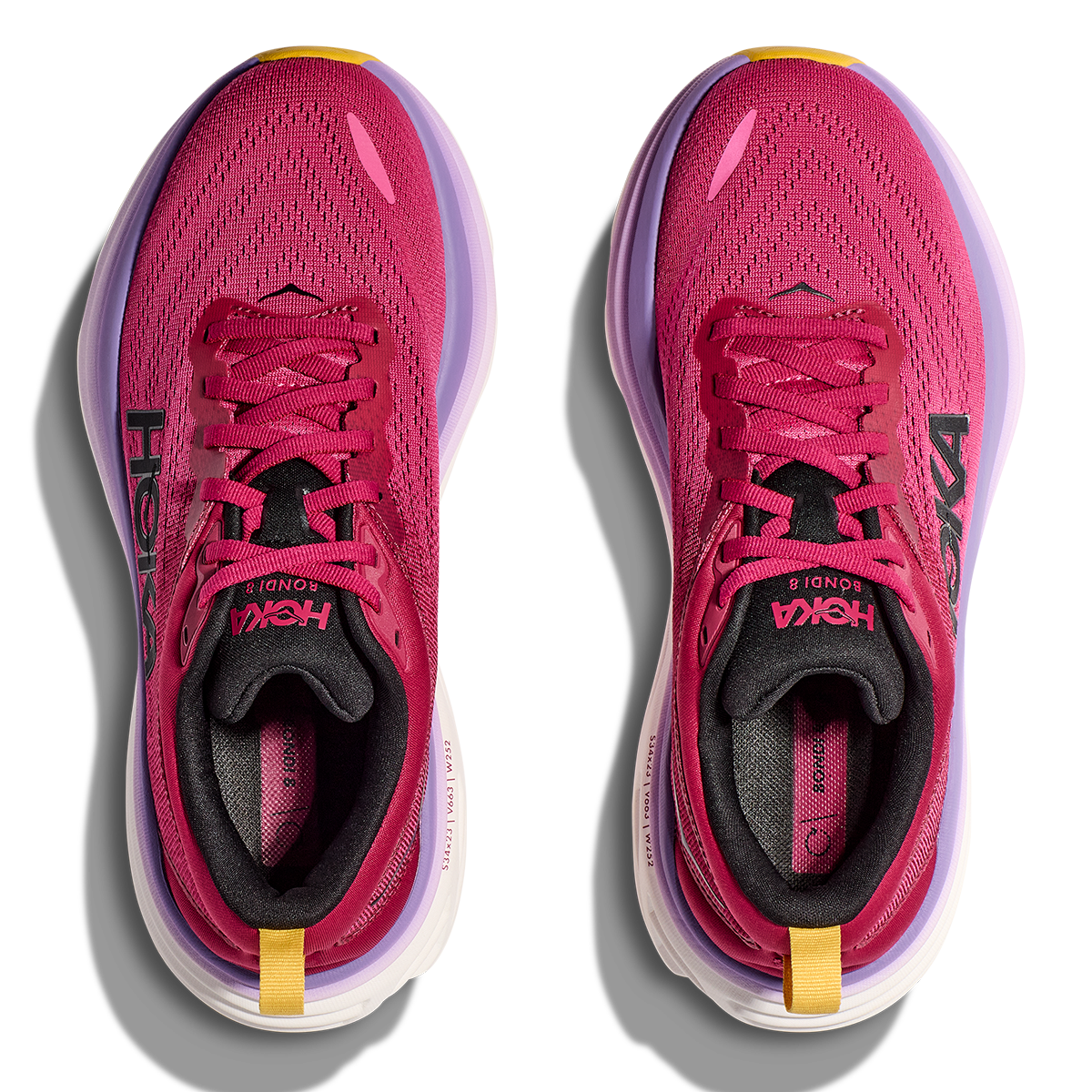 HOKA Bondi 8 women's running shoes in bright pink colorway with purple sole