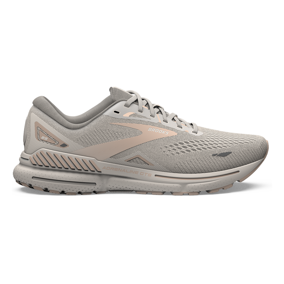 Brooks Adrenaline GTS 23 women's running shoe in crystal grey with pink details