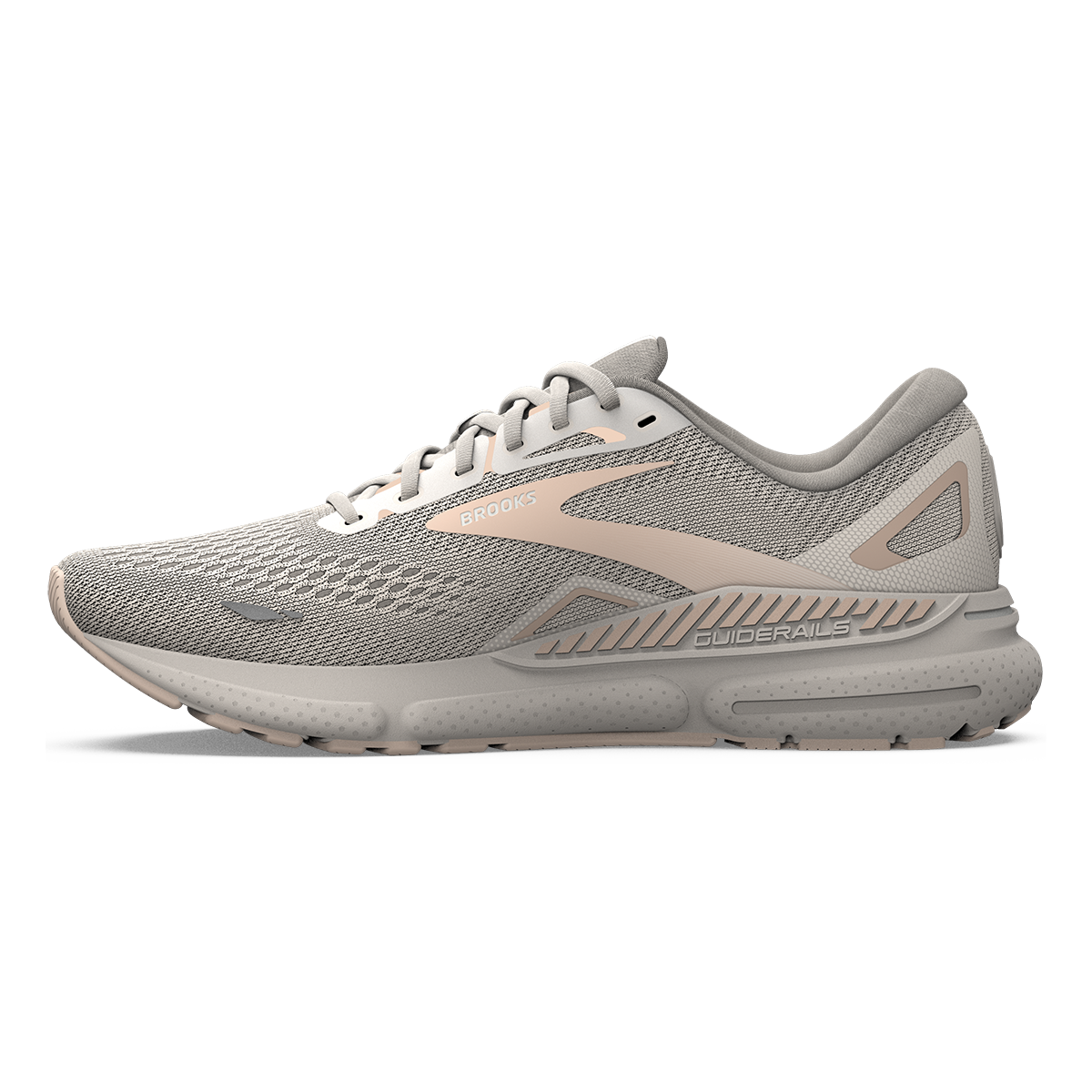 Brooks Adrenaline GTS 23 women's running shoe in crystal grey with villa pink accents