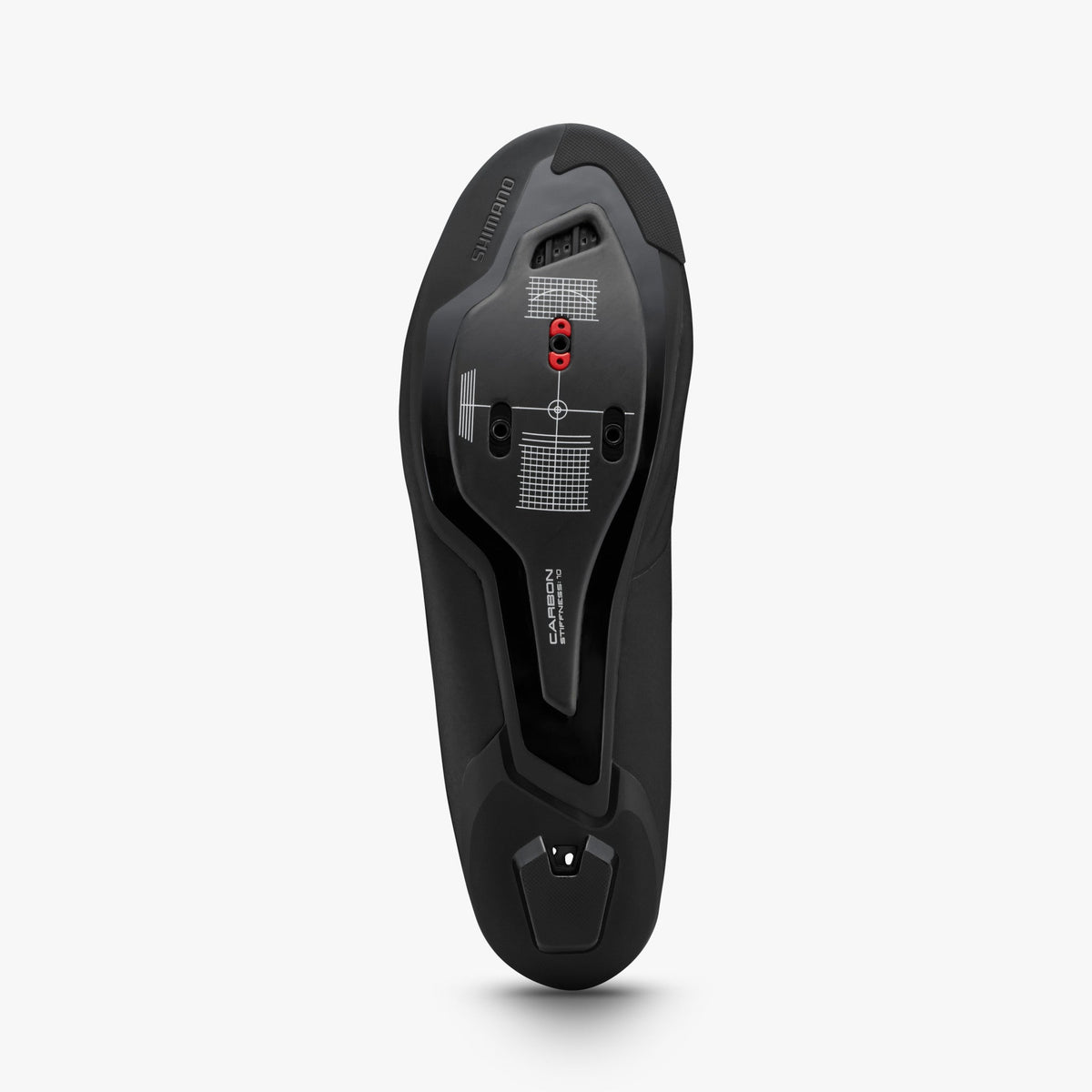 Shimano RC703 black cycling shoe sole view showing carbon stiffness plate and cleat mount