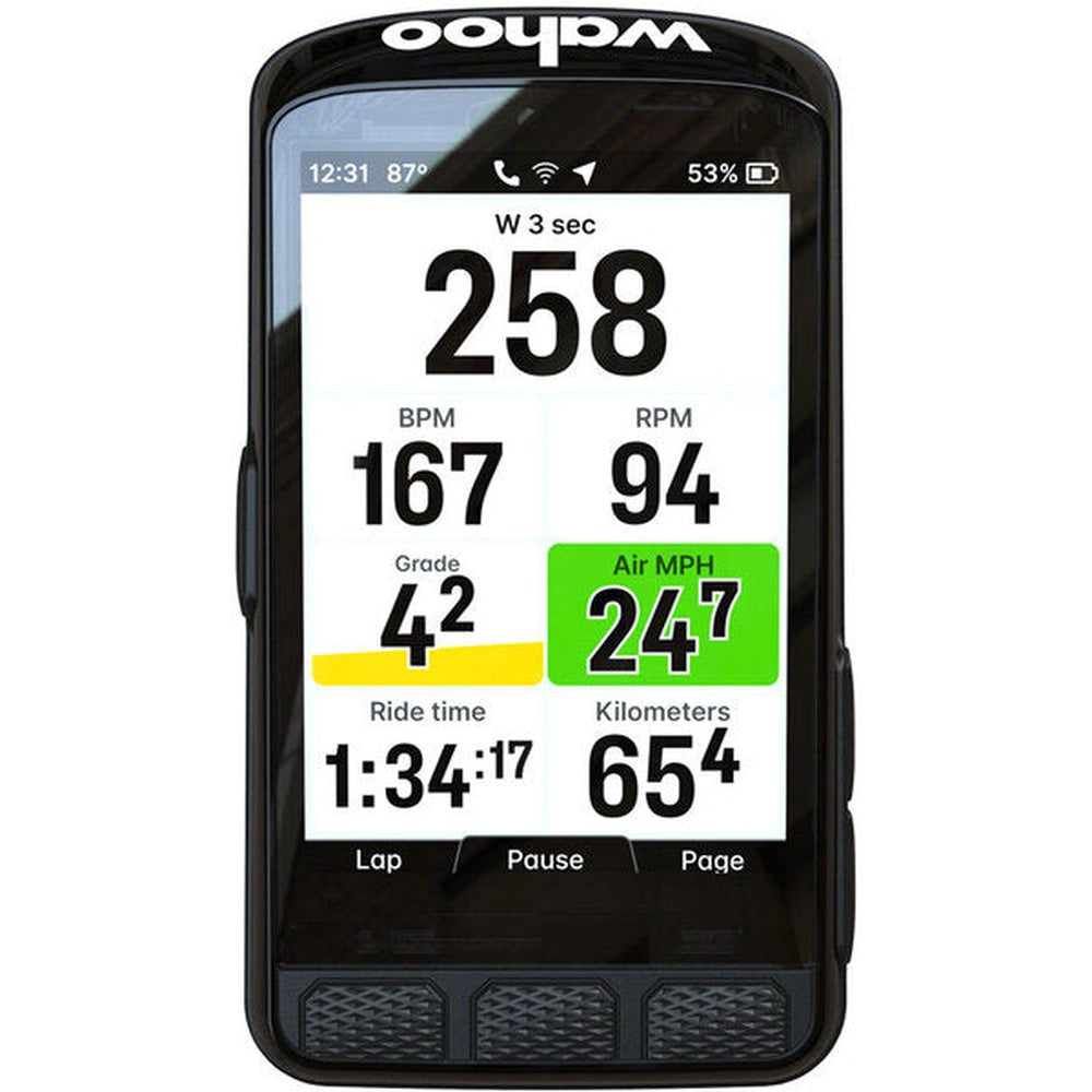 Wahoo ELEMNT bike computer displaying cycling metrics on screen with black frame