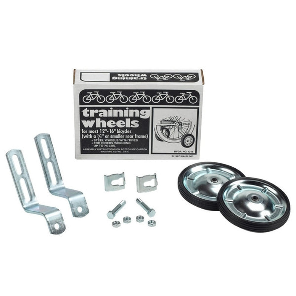 Wald training wheels kit with steel wheels, mounting brackets, and hardware for 12-16 inch bicycles