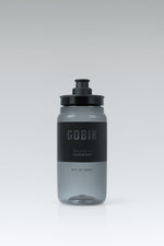 GOBIK Fly water bottle in smoked gray with black cap and branding