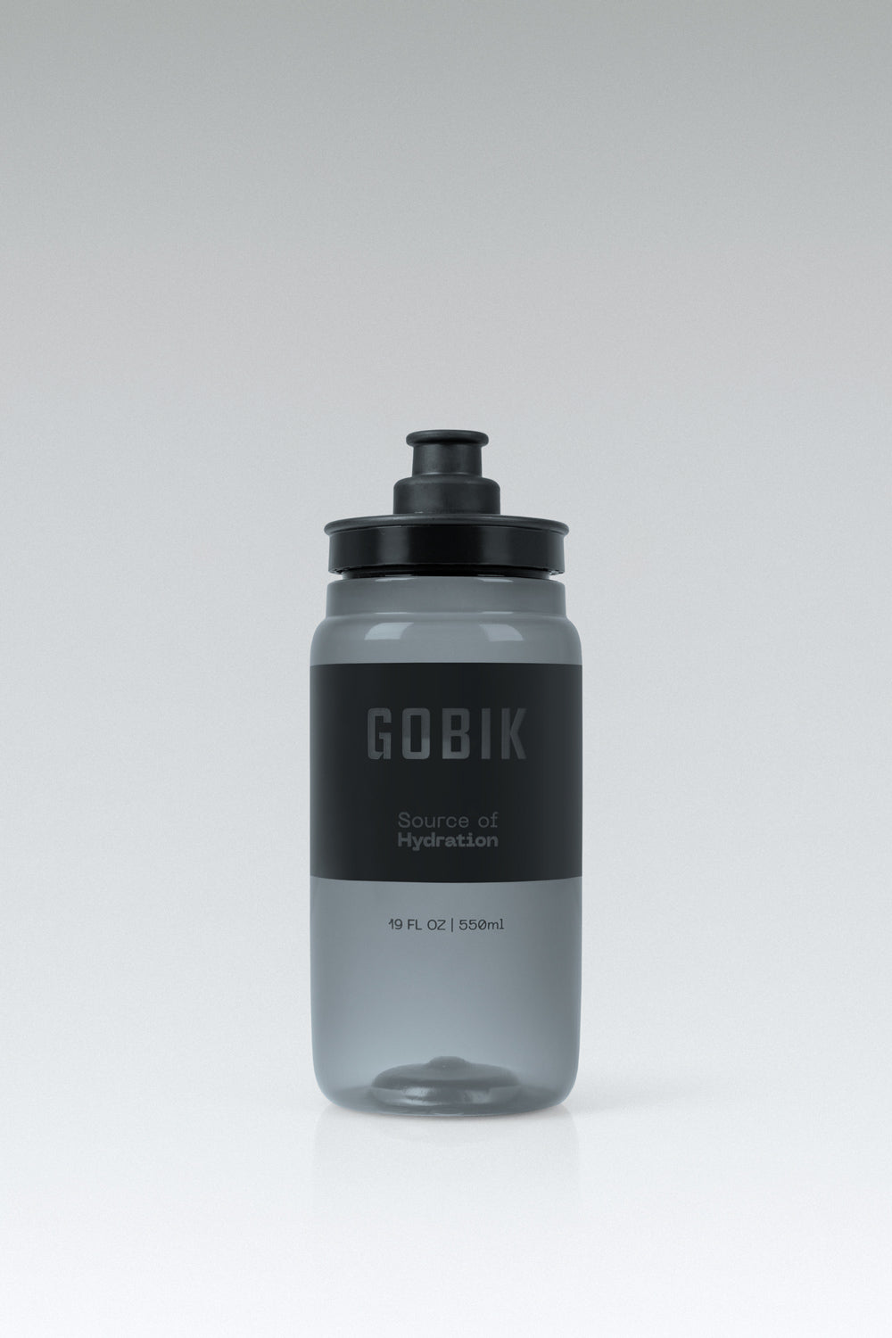 GOBIK Fly water bottle in smoked gray with black cap and branding