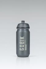 Gobik Shiva water bottle in graphite gray with white logo and pull cap