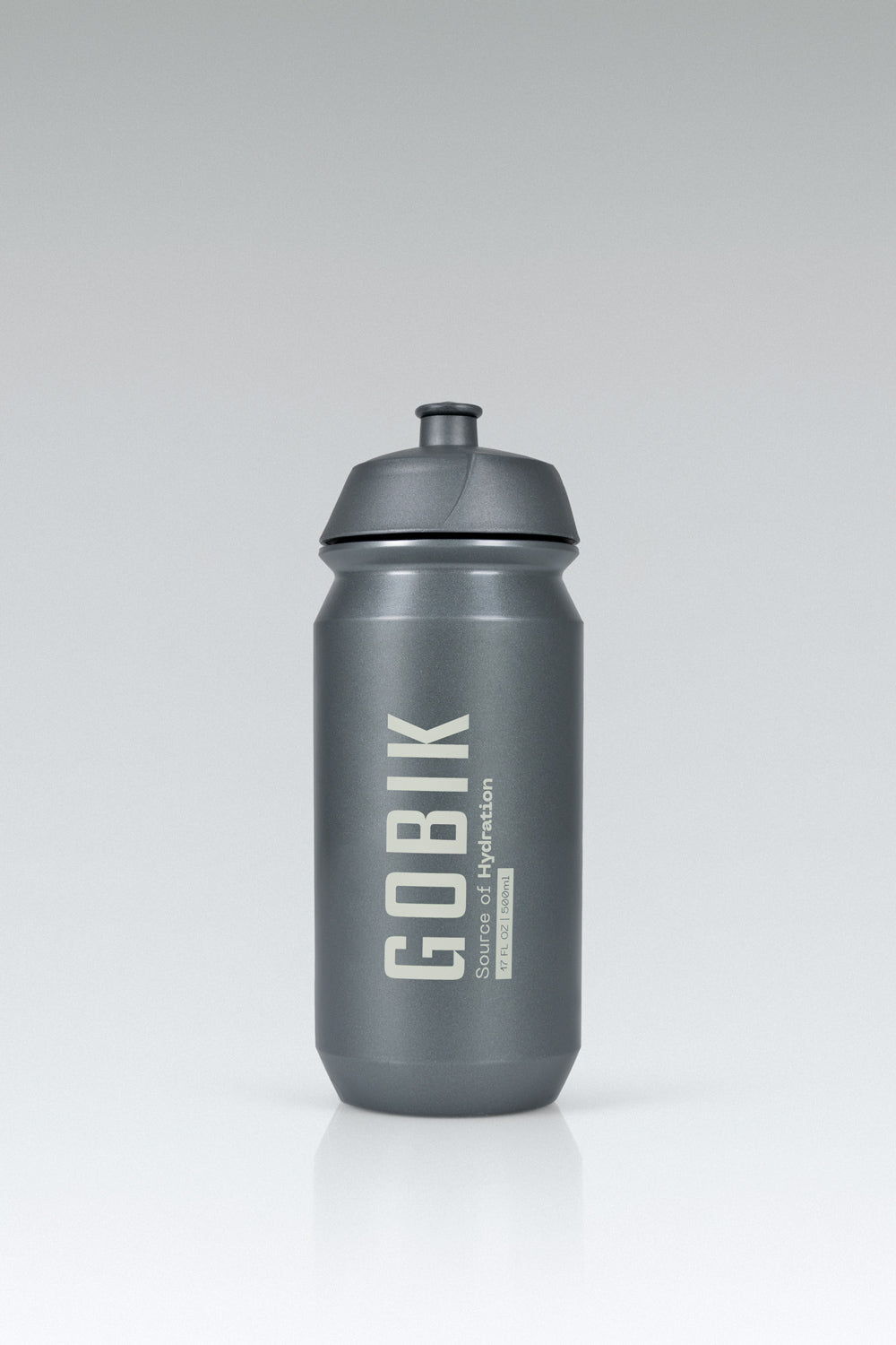 Gobik Shiva water bottle in graphite gray with white logo and pull cap