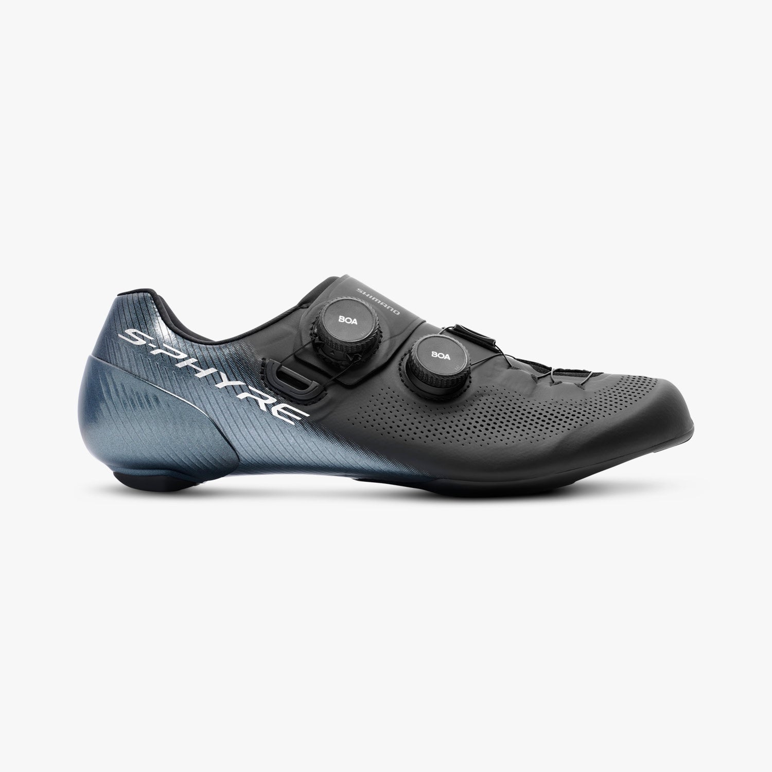 Shimano S-Phyre cycling shoe in black with dual BOA dials and perforated upper