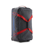 Patagonia Black Hole Wheeled Duffel 70L in Noble Grey with red straps