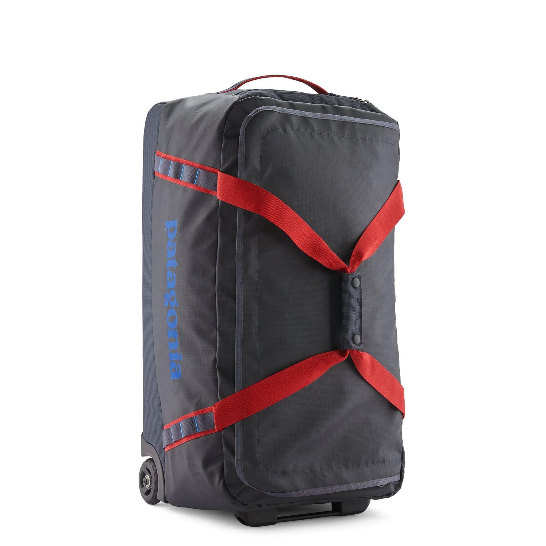 Patagonia Black Hole Wheeled Duffel 70L in Noble Grey with red straps