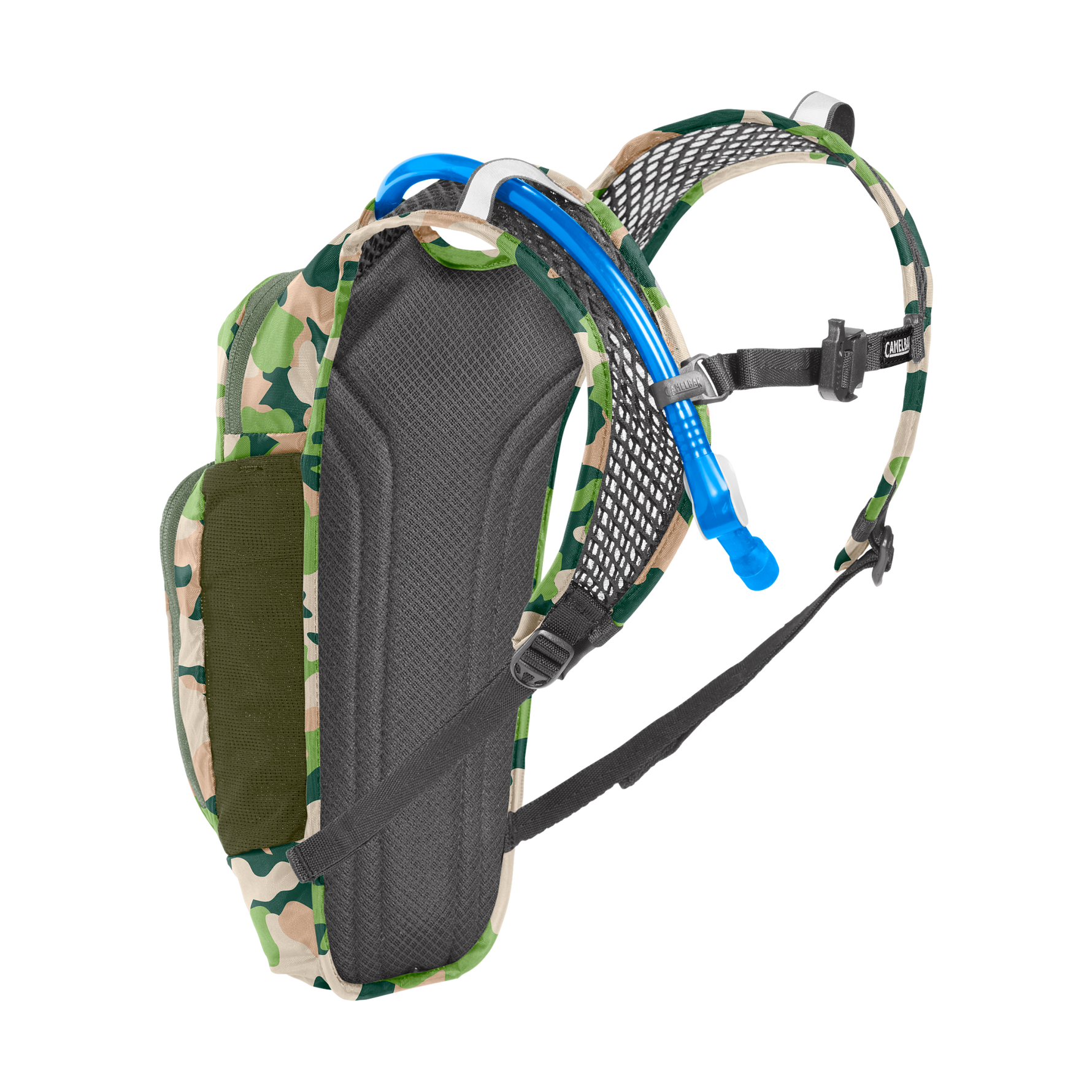 CamelBak Mini M.U.L.E. hydration backpack in camouflage pattern with blue hydration tube