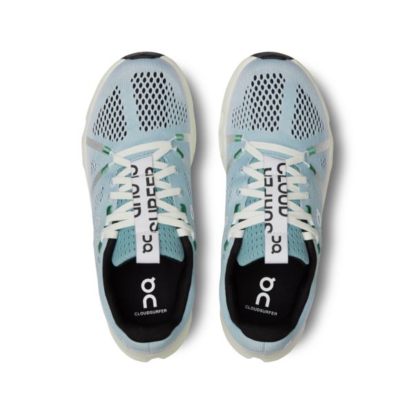On Cloudsurfer women's running shoes in mineral blue and aloe green colorway