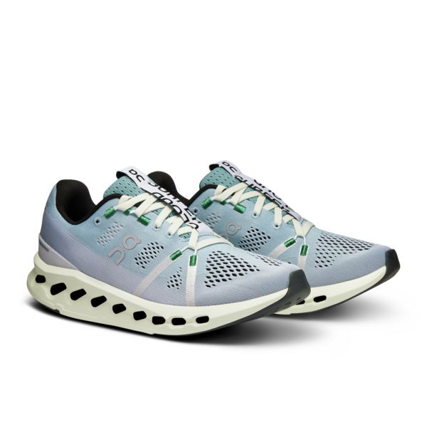 On Cloudsurfer women's running shoes in mineral blue with aloe green accents