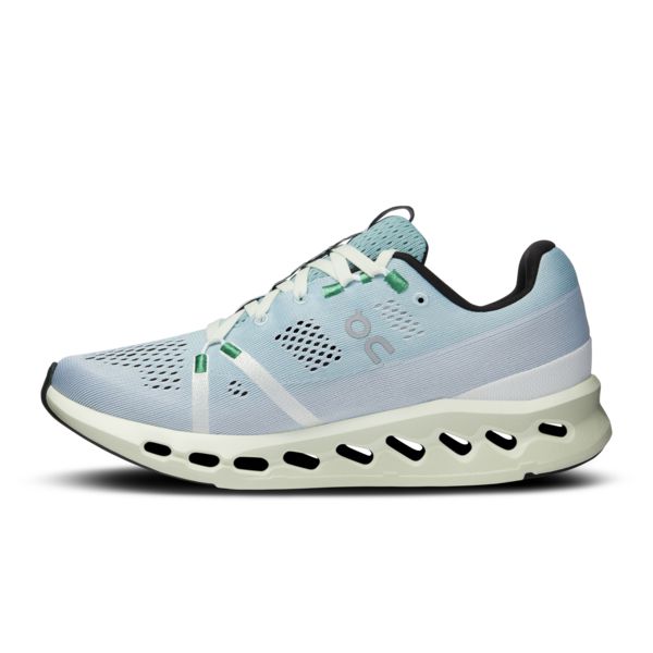 On Cloudsurfer women's running shoe in mineral blue with aloe green details