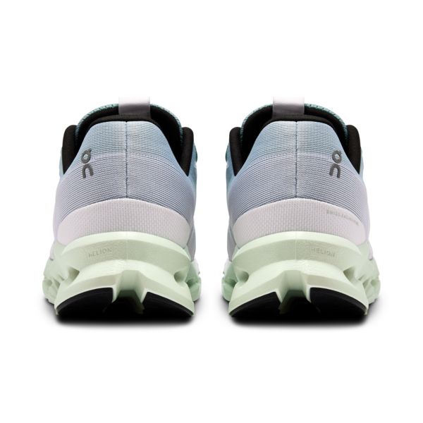 On Cloudsurfer running shoes in mineral blue with aloe green sole, rear view