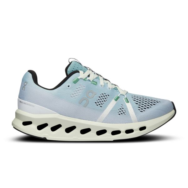 On Cloudsurfer women's running shoe in mineral blue and aloe green colorway