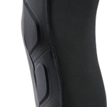 Close-up detail of black Fox Racing Launch Elite knee pad showing construction and stitching
