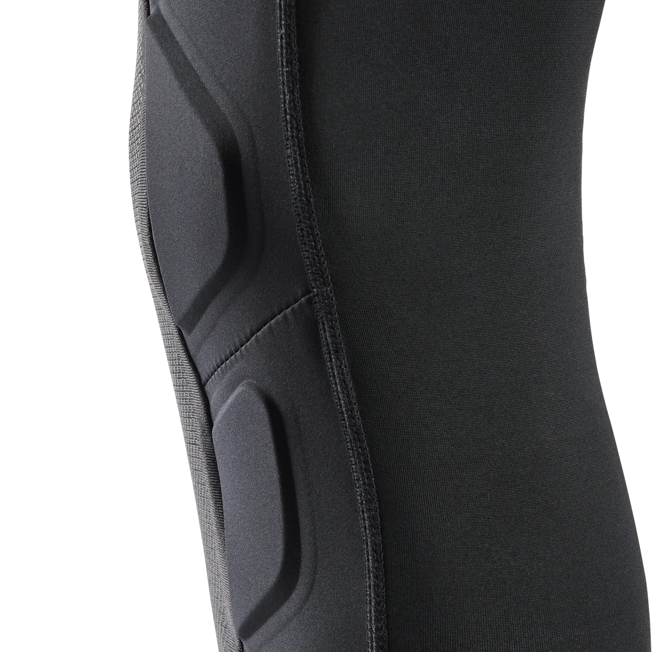 Close-up detail of black Fox Racing Launch Elite knee pad showing construction and stitching