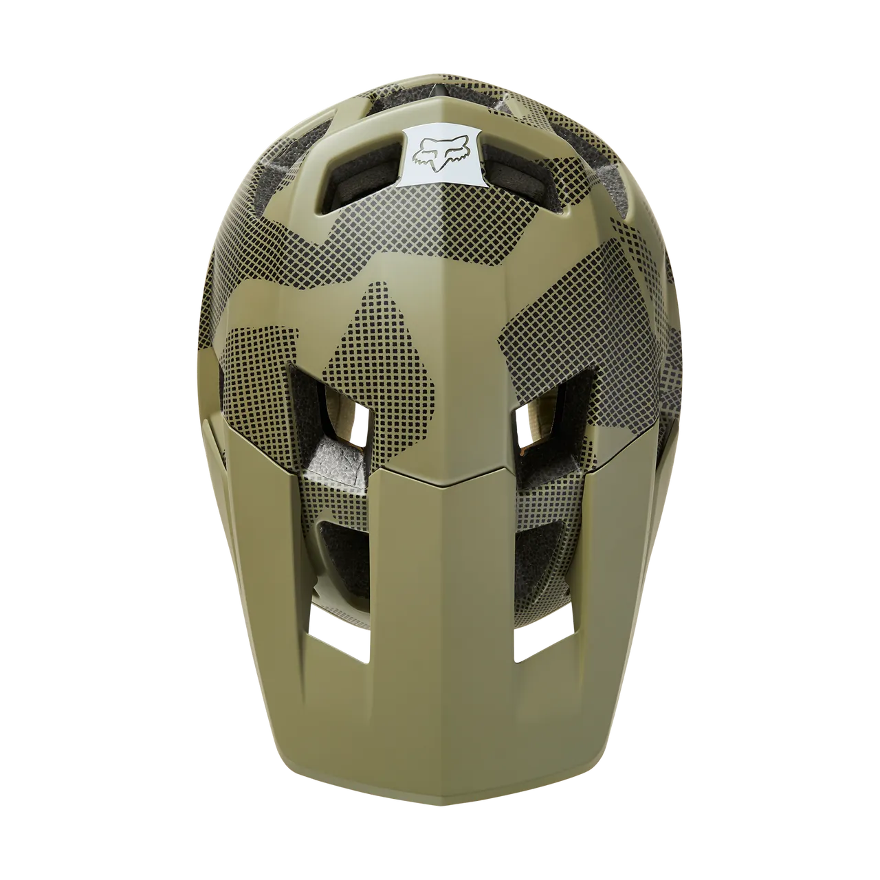 Fox Racing Dropframe Pro mountain bike helmet in olive green camouflage pattern