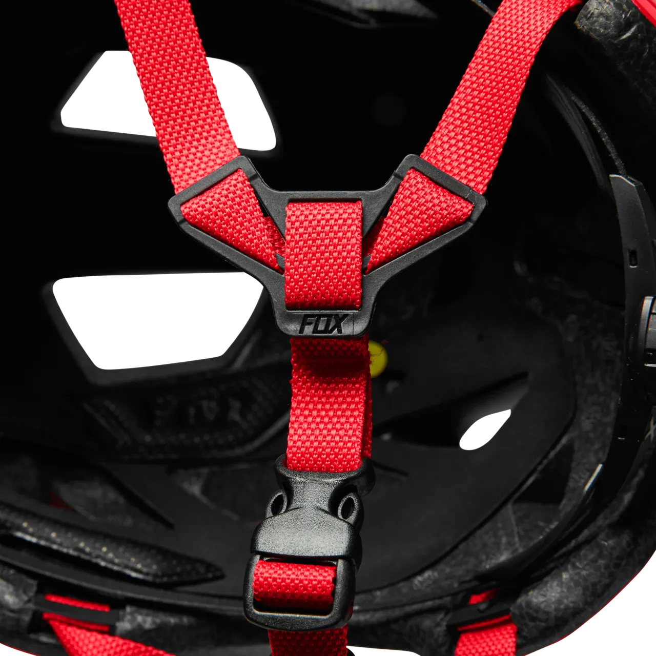 Fox Racing Mainframe Trvrs Helmet interior view showing red straps and FOX branding