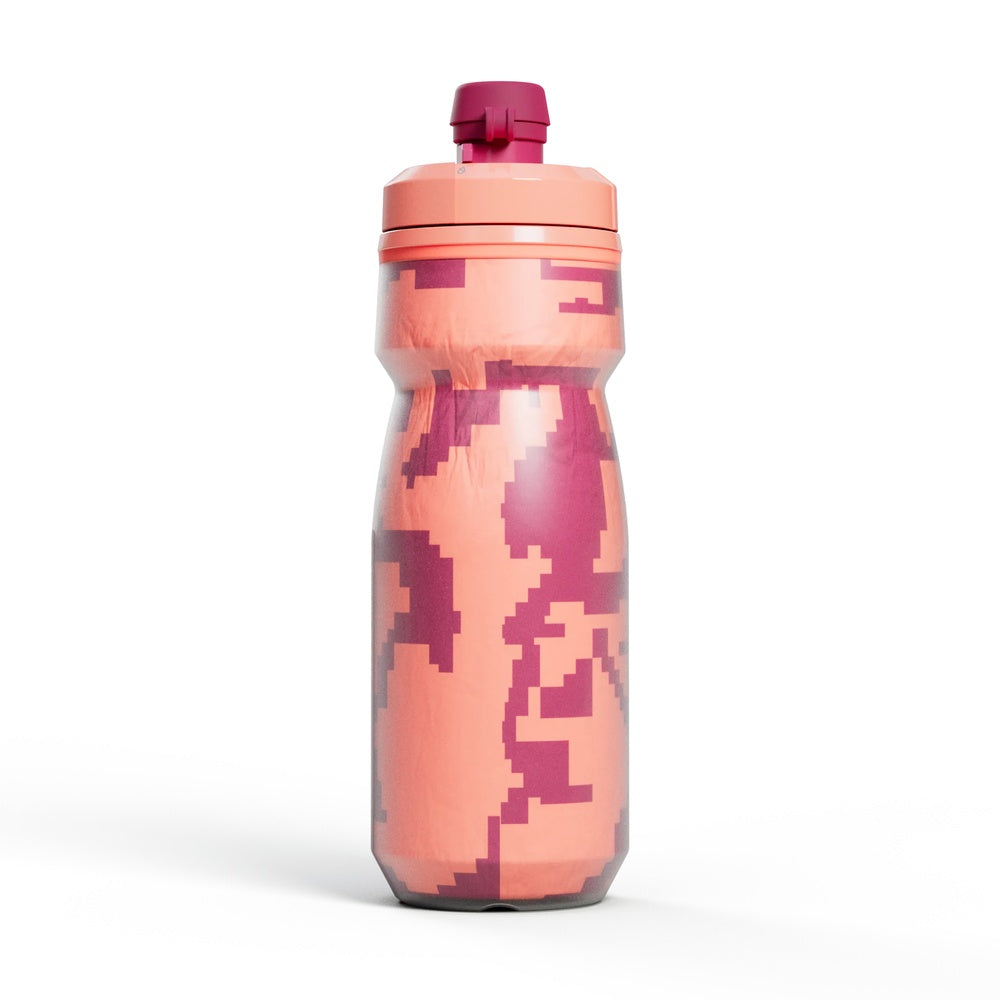 CamelBak Podium water bottle with pink digital camouflage pattern and burgundy cap