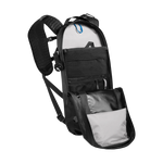 CamelBak Mule black hydration backpack with opened compartments showing internal organization pockets