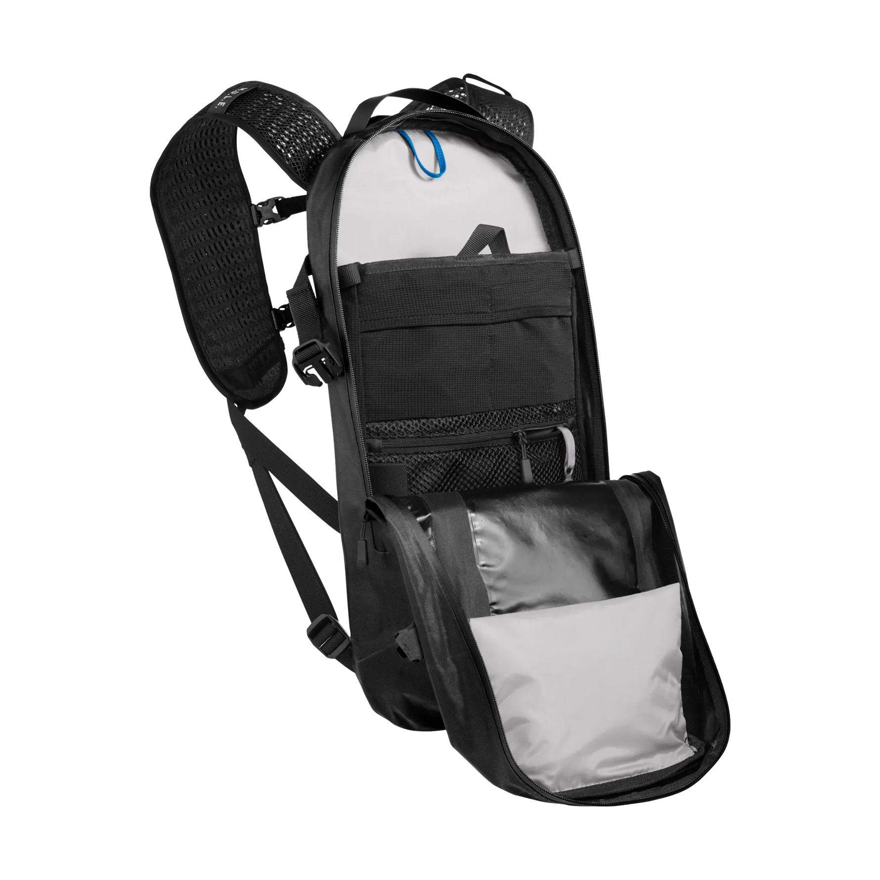 CamelBak Mule black hydration backpack with opened compartments showing internal organization pockets