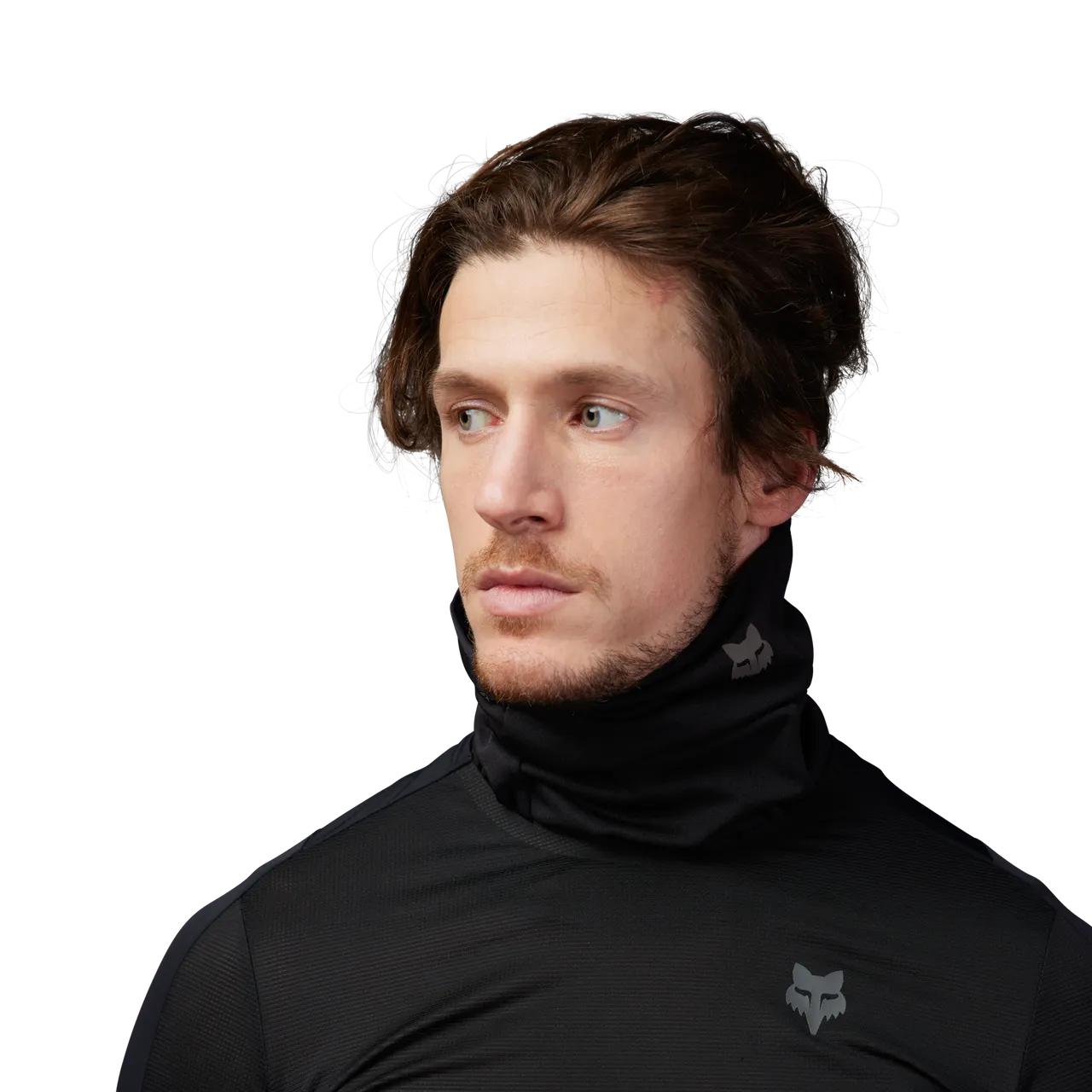 Man wearing black Fox Racing Polartec neck gaiter on white background