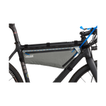CamelBak frame pack mounted on black bicycle showing gray bag with blue trim