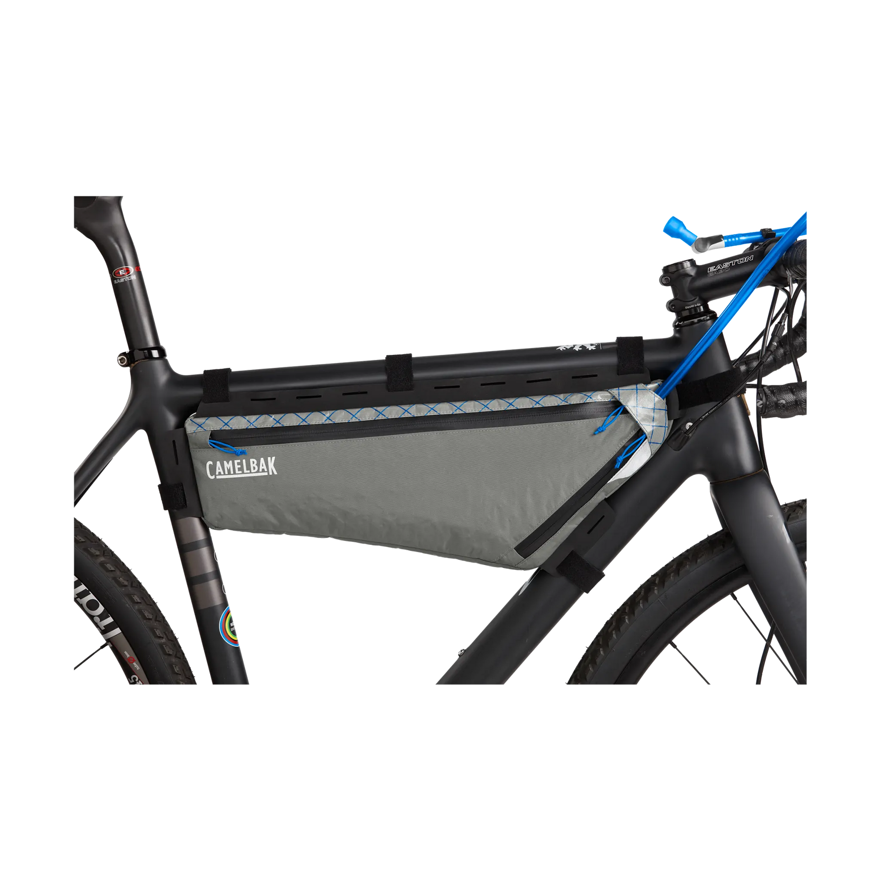 CamelBak frame pack mounted on black bicycle showing gray bag with blue trim