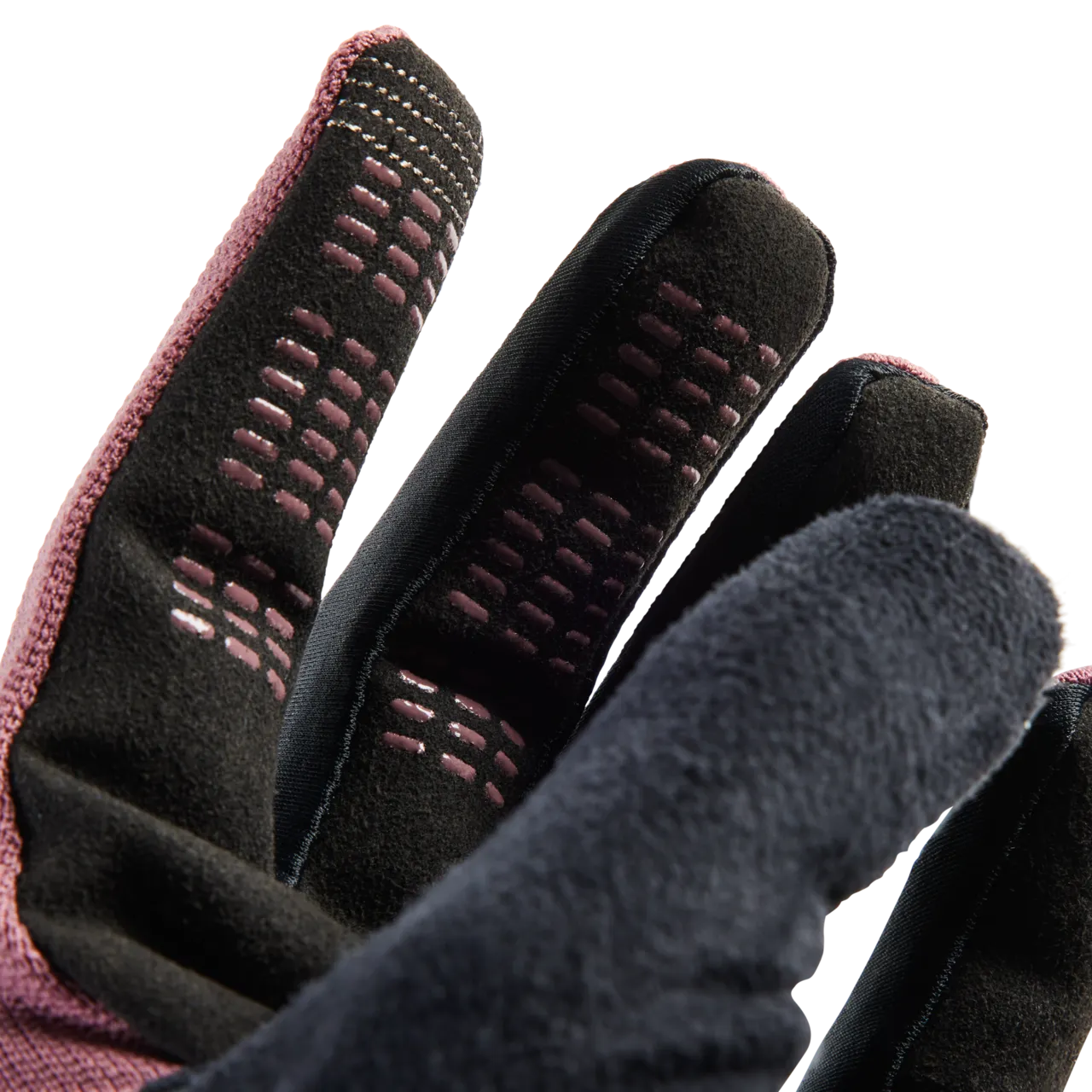 Fox Racing Ranger glove in pink showing palm grip details and fingertips